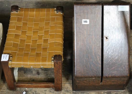 Oak stool with woven leather seat and an Edwardian slope front from a Stationery box